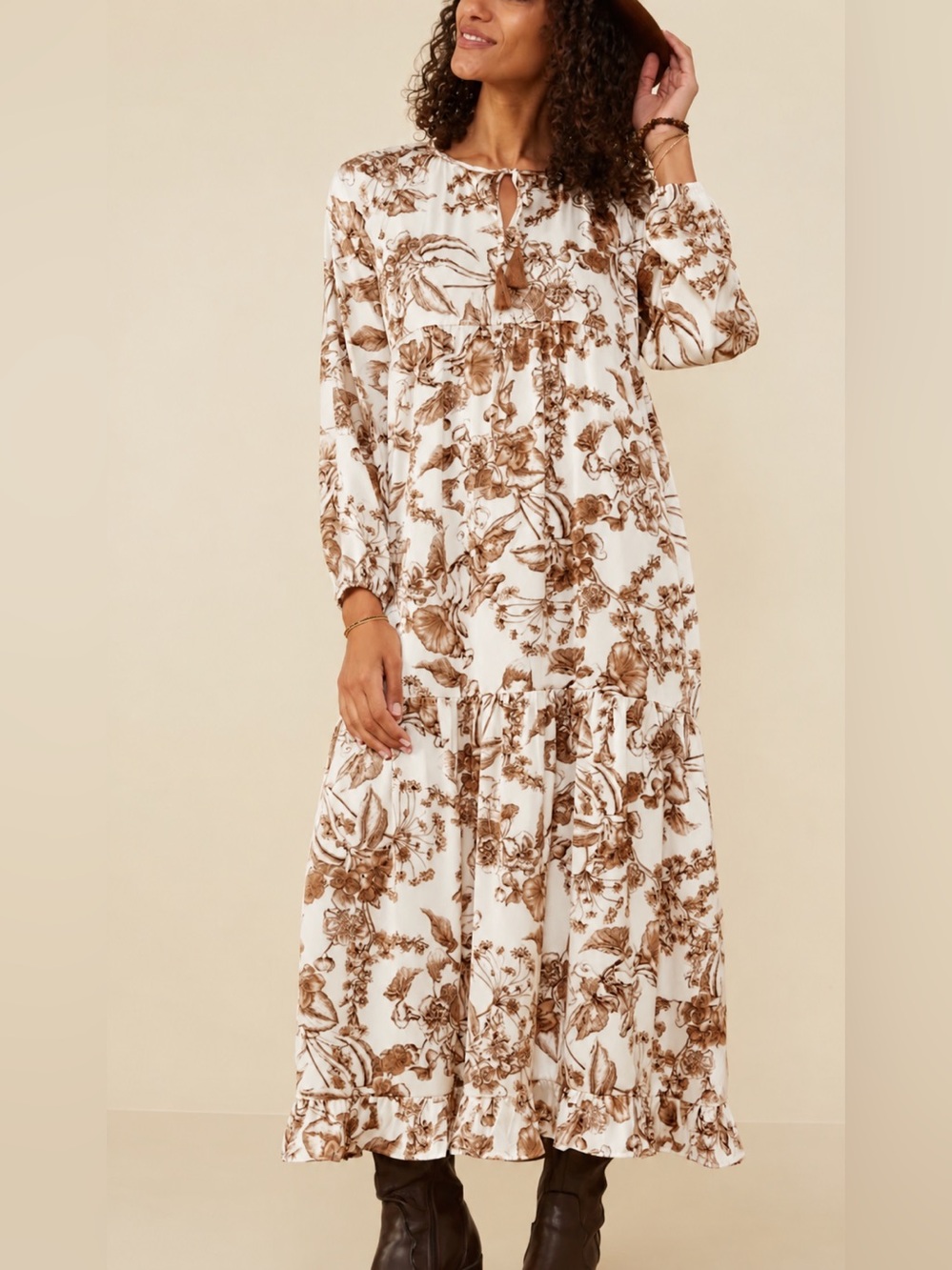 Hayden ruffle hem brown floral maxi dress, medium
